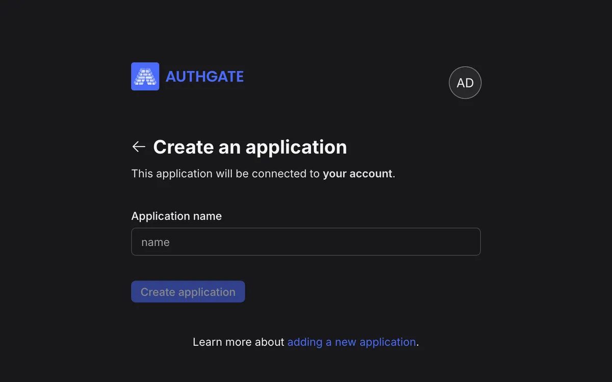 Creating a new application in Authgate software licensing system