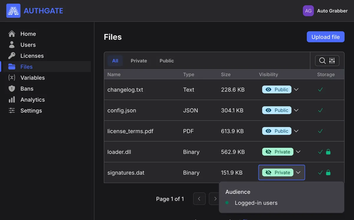 Secure file hosting overview in Authgate license management software